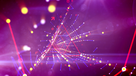 A thrilling 3d illustration of a zigzag triangular neon portal with smudged rhombus forms moving in the bright purple background with rows of linked and shining plasma spots and squares.の写真素材