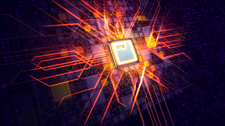 An enigmatic 3d illustration of a square CPU tablet making a figure resembling a plasma cross being put askew in the black background with yellow plates, violet spots and purple power lines.の写真素材