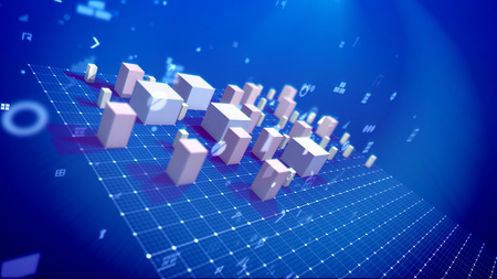 An amazing 3d rendering of a bar chart with skyrocketing commerce columns meaning profit in the blue backdrop. There are the signs of dollars, numbers, angle brackets, key holes and percent.の写真素材