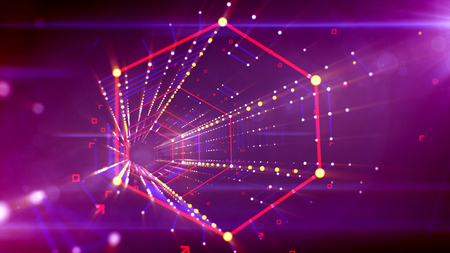 A fabulous 3d illustration of a shining hexagonal neon tunnel put in the bright violet cyberspace with blurred purple and yellow stripes of squares. It has connected grids of lines and spots.の写真素材