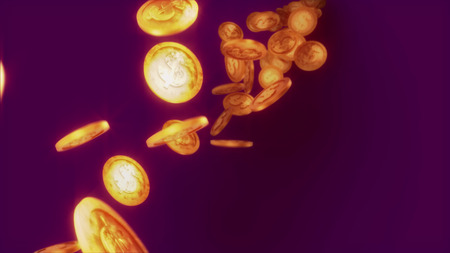 A jovial 3d illustration of glowing dollar coins falling like a golden rain in hundreds and shining optimistically in the dark violet background. They spin and give the feeling of success.の写真素材