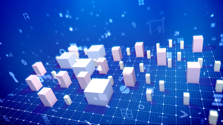 A wonderful 3d rendering of a bar chart with moving up rectangular and cubic business columns meaning in the blue background. There are the symbols of dollars, numbers and percent.の写真素材
