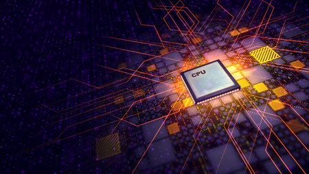 A high-tech 3d illustration of a square CPU microprocessor with plasma discharges flying around being put askew in the black motherboard with golden plates, violet spots and red power lines.の写真素材