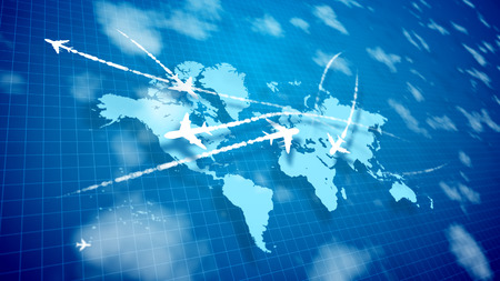 3d illustration of white toy airplanes moving along the routes marked with smoky lines on the violet world map with a network placed aslant. They arouse the mood of innovation and successの写真素材