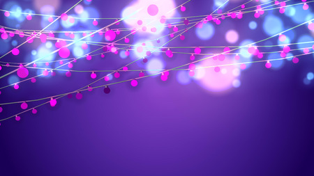 A merry 3d illustration of Christmas string garlands from pink bulbs and blurred celeste and yellow balls in the violet background. They dazzle happily shaping the mood of joy and holiday.の写真素材