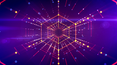 3d illustration of a straight hexagonal neon tunnel stretched in the bright violet background with blue and yellow lines of spots. It has linked scarlet web and looks like a futuristic portal.の写真素材