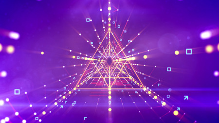 A virtual 3d illustration of a symmetric triangular neon tunnel with rhombus forms inside going in the bright purple background with stripes of connected and shining yellow dots.の写真素材