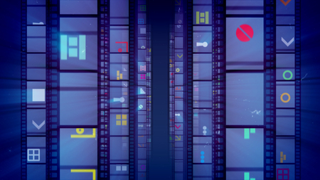 A flashy 3d illustration of vertical movie tapes with multicolored spots, squares, staircases, keyholes, circles, illuminators, figures in the dark violet background. They look optimistic and jolly.の写真素材