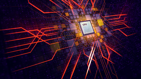 An artistic 3d illustration of a square CPU tablet making a diagonal and straight cross form sparkling energy rays beaming in eight directions in the black background with yellow and violet plates.の写真素材