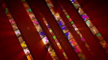 A fabulous 3d illustration of slanting film tapes glittering brightly with cheery and colorful pictures, funny sketches, crisscross lines and other shapes in the dark brown background.の写真素材