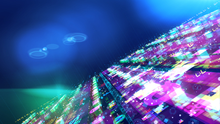 A futuristic 3d illustration of a shimmering space station with flat and shining multicolored surfaces with cubic modules on them and flying saucers resembling two fixed circles in the violet universe.の写真素材