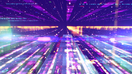 A sci-fi 3d illustration of a dazzling colorful space configuration resembling a set of lengthy columns forming a holographic time tunnel for hi-tech spaceships in the violet background.の写真素材
