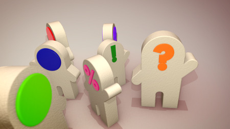 An exciting 3d illustration of such colorful computer symbols as question and exclamation marks, percent and other signs, standing in a circle and entertaining happily. They look funny.の写真素材
