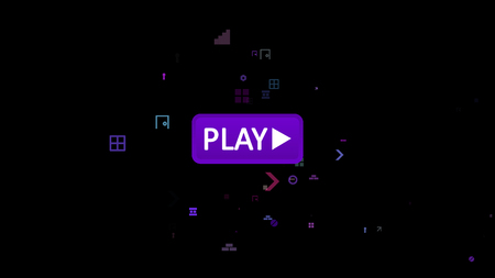 A funny 3d illustration of an oval violet button with an inscription play and an approaching white arrow touching it in the black screen. The icon is encircled with flying multicolored symbols.の写真素材