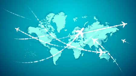 A wonderful 3d rendering of white airplanes flying along the routes marked with smoky trails over the light blue world map. They connect continents and inspire the mood of optimism and luck.の写真素材