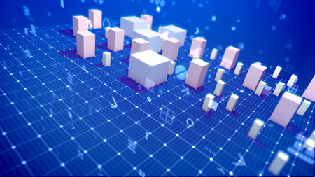 An astounding 3d illustration of a bar chart with rising rectangular and cubic business columns...