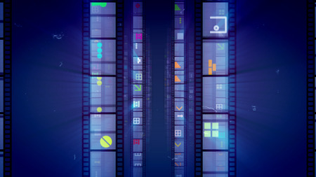 A gorgeous 3d illustration of vertical movie stripes shining like pictures with colorful spots, arrows, hexagons, windows in the dark violet background. They look jolly, optimistic and successful.の写真素材