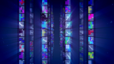 An amazing 3d illustration of four vertical film stripes sparkling brightly full of funny images, squares, crosses, rectangles and other forms in the dark blue background. They look childish.の写真素材