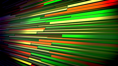 3d illustration of horizontal multicolored blinds placed askew shaking slowly and changing the colors of lines. They vary fom salad to blue, red and orange. The blinds look optimistic and merry.の写真素材