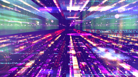 A futuristic 3d illustration of a shining colorful space configuration looking like a streamlines time tunnel for supersonic spaceships depicted in a volumetric way in the violet background.の写真素材