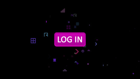 3d illustration of an oval rosy log in icon in the black background with flying bricks, hexagons, screws, staircases, keyholes, spots, windows, arrows, spots and other cheery computer figures.の写真素材