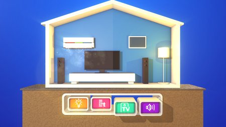 A cheery 3d illustration of a smart home with two pressed button connected with a lit floor lamp and an air conditioner. The black plasma TV and rectangular speakers are not turned on.の写真素材