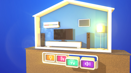 A striking 3d illustration of turned on floor lamp, black plasma TV, and air conditioner in a smart home section with modern conveniences connected with four toy looking buttons.の写真素材