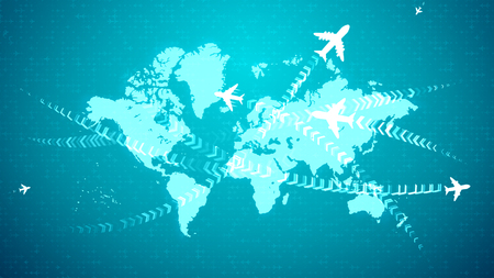 A gorgeous 3d illustration of white airplanes flying along the routes marked with rows of brackets over the light blue world atlas. They create the mood of accomplichment and optimism.の写真素材