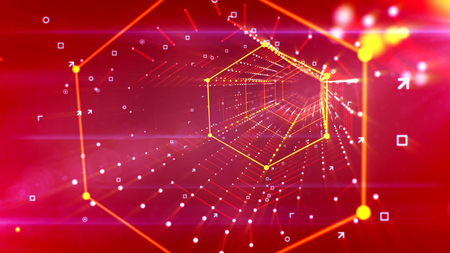 A cutting edge 3d illustration of a hexagonal neon portal located askew and moving in the bright purple background with lines of united and shining yellow spots and looking like a spider web.の写真素材