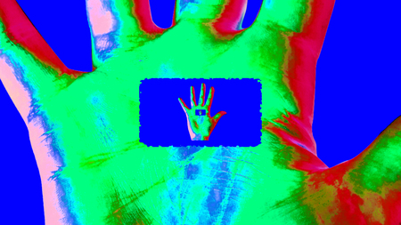 A magic 3d illustration of a psychedelic tunnel in a human hand showing a high five gesture in the colorful background. The tiny hand is in the center of the big one forming a hypnotic channel.の写真素材