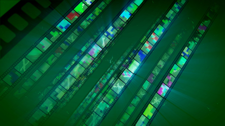 A wonderful 3d illustration of straight film tapes located aslant sparkling brightly with violet, white and yellow pictures. They are placed in the light khaki background in a joyful way.の写真素材