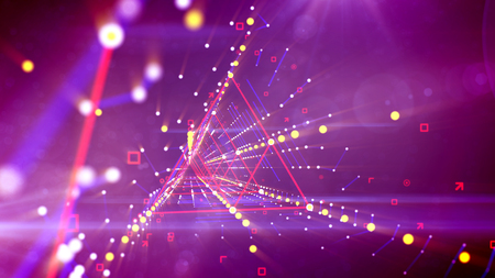 A mesmerizing 3d illustration of a wavy triangular neon tunnel with blurred rhombus forms inside rolling in the bright purple background with stripes of linked and shining plasma spots and squares.の写真素材