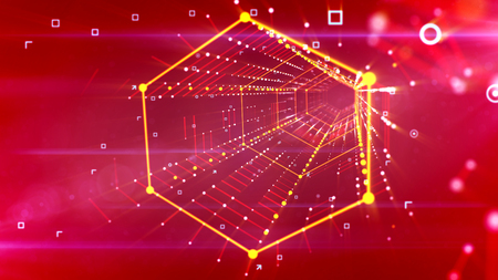 A wonderful 3d illustration of a straight hexagonal neon tunnel stretched in the bright purple background with rows of shining golden dots linked in one futuristic network.の写真素材