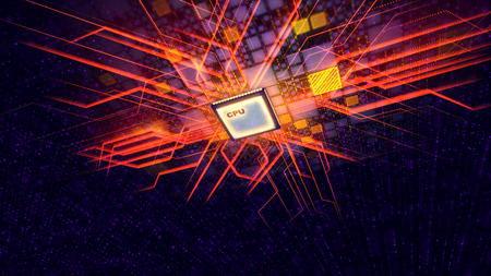 A holographic 3d illustration of a flying CPU processor with a row of white dots moving in a slanting way in the black cyberspace with yellow plates, violet spots and purple power lines.の写真素材