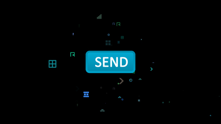 A lively 3d illustration of an oval light blue button with a word send and various figures flying around it in the black background. It creates the mood of optimism, confidence and success.の写真素材