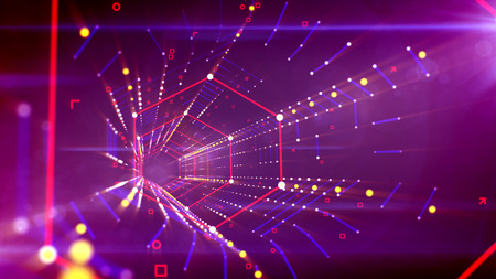 A striking 3d illustration of a dazzling hexagonal neon tube put in the bright violet cyberspace with hazy red, blue and golden lines of squares and spots united in one technological grid system.の写真素材