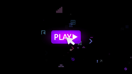 Optimistic 3d illustration of an oval violet button with a word play and a hazy white arrow touching it in the black screen. The icon is surrounded with whirling colorful keyholes, windows, brackets.の写真素材