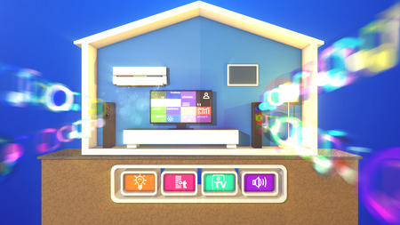 An optimistic 3d illustration of a symmetric smart home with switched on TV plasma TV and eight pictures, long speakers and hazy musical bubbles, lit floor lamp, white bed and conditionerの写真素材