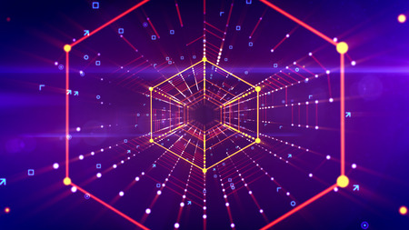 A splendid 3d illustration of a sparkling hexagonal neon tunnel placed in the bright violet cyberspace with blue and yellow stripes of spots. It has connected networks of dots in a long pipe.の写真素材