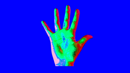 An amazing 3d illustration of a green human hand with a high five gesture in the bright blue background. The image shapes the spirit of art, success and optimism.の写真素材