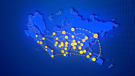A striking 3d illustration of an abstract world map connecting big yellow cities, depicted like flickering small rounds, with moving white lines in the dark blue background located aslant.の写真素材