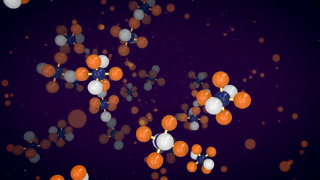 A wonderful 3d illustration of orange, white and blue atoms connected in volumetric molecular structures flying up in the dark violet background. They are dynamic and cheerful.の写真素材