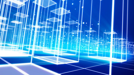 A trancelike 3d illustration of a cyberspace urban area with shimmering crystal buildings and plasma...