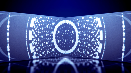 A psychedelic 3d illustration of neon tunnel filled with white oval and round lines as well as see-through spots in the horizontal tube in the blue background. They look magic and cheerful.の写真素材