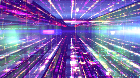 3d illustration of a dazzling space design construction from flat surfaces and an outlet looking like a time tunnel. Spherical and oval flying saucers are moving along it in the violet galaxy.の写真素材