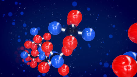A magnificent 3d illustration of red, blue and black atoms linked in bright molecular structures soaring up and down in the blue background. They shape the mood of scientific respect and innovation.の写真素材