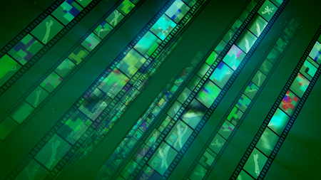3d illustration of straight film stripes located askew and shining brightly with violet, white and yellow images. They are rolling in the light khaki background in an optimistic and happy way.の写真素材