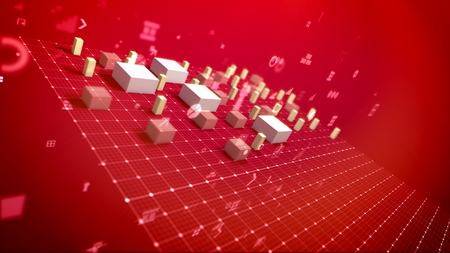 A computer graphics 3d illustration of a bar chart and pc signs including angle bracket, number, dollar and percent placed on the grid in the red background. The white columns go up.の写真素材