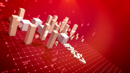 An impressive 3d illustration of a bar chart and computer signs including angle bracket, number, dollar and percent drawn askew on the grate in the red background. The profit columns are soaring.の写真素材