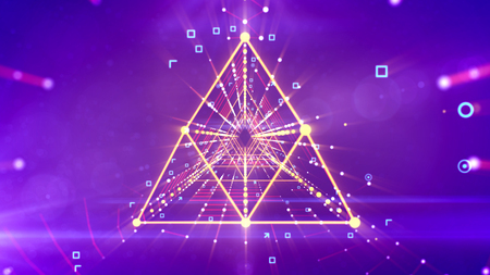 A cyberspace 3d illustration of a straight rhombus neon tunnel moving in the bright violet background with stripes of shining white spots. It has linked white connections and looks like a portal.の写真素材